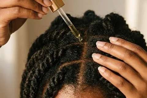 A dropper parting natural hair to reach the scalp.