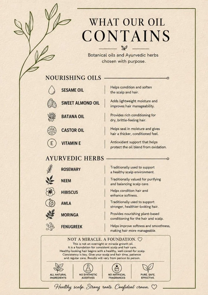 The maker's own printed list titled What Our Oil Contains, naming every oil and herb in the blend.